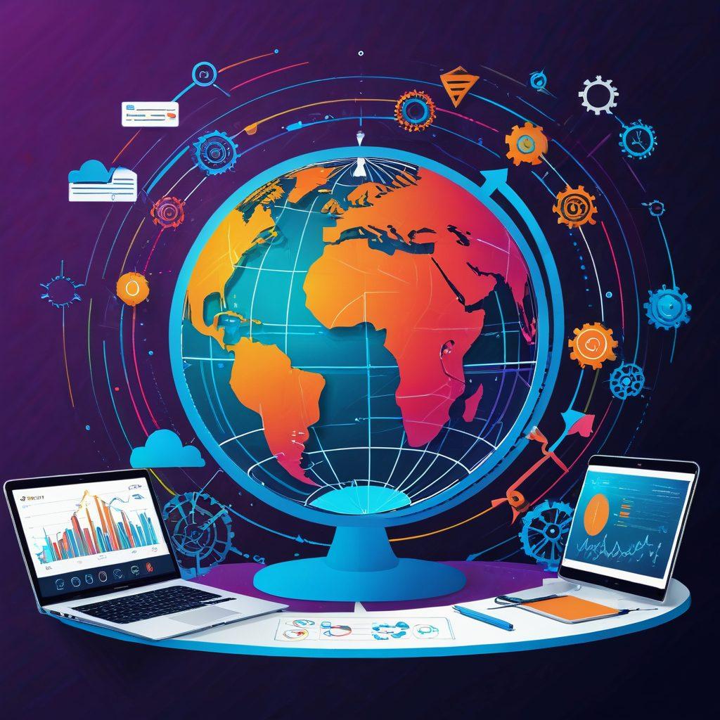 A dynamic digital landscape illustrating SEO strategies: a globe interconnected with network lines, magnifying glasses focusing on search bars, charts with rising arrows, and a sleek website design. Include elements like gears and tools to symbolize optimization. vibrant colors. futuristic vector art.