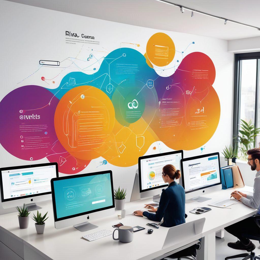 A dynamic and engaging digital scene showcasing a sleek and modern website with various elements like coding snippets, responsive designs for mobile and desktop screens, and a professional team collaborating in a bright office environment. The background features abstract elements reflecting connectivity and growth, with Rivaa's logo subtly integrated. super-realistic. vibrant colors. white background.