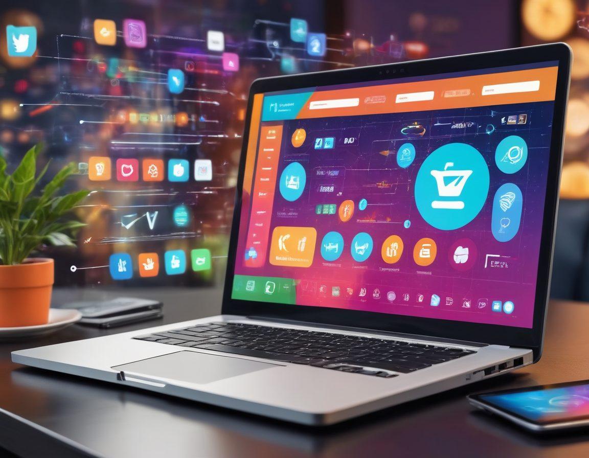 A dynamic and modern e-commerce website interface on a sleek laptop screen, surrounded by digital shopping icons, and a business owner happily engaging with the platform. The background includes elements of growth charts and social media logos to represent comprehensive business solutions. Vibrant colors. super-realistic.